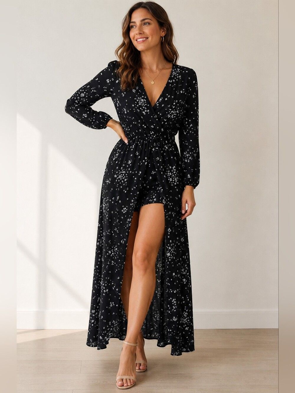 Womens Black Floral Romper with Maxi Length Wrap Skirt Long Sleeve V Neck XL